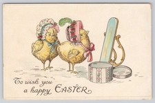 Antique Easter Postcard Anthropomorphic Chicks Bonnets Mirror Embossed picture