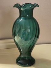 Antique Victorian Emerald Green Hand Blown Glass Vase Crimped Rim 12” picture