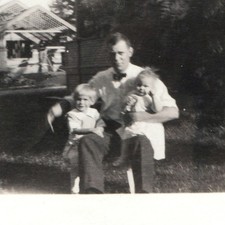 c1920s Father Holding Two Children RPPC Bowtie Sitting Lawn Garden Pergola House picture