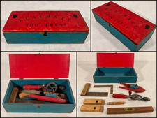 Vtg 1930s-40s PLAYMATE Child’s Wooden Tool Chest Toy Box Tools Original Paint picture