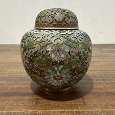 Vintage Chinese Green Floral Cloisonné Brass Enamel Ginger Jar Vessel picture