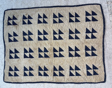 Antique Vtg Early Doll Quilt Blue & White Tiny Squares Flying Geese 14X18 Cotton picture
