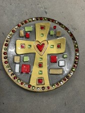 Vintage Silvestri Style Hand Blown Art Glass Cross Heart Plate Gold Red picture