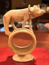 Vintage Hand Carved Wood Cape Buffalo Stand Ring Base Kenya Safari Folk Art picture