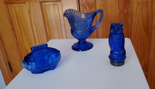 Vintage cobalt blue glass Owl, Pig, and Creamer picture