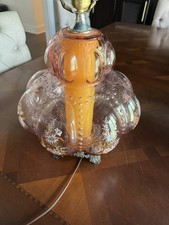 Pair Vintage Pink Hobnail Glass Table Lamps Amber Glow Floral Hollywood Regency picture