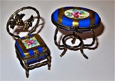 LIMOGES FRANCE 2 BOX SET -FURNITURE- FLORAL TABLE & CAFE CHAIR -FLOWERS- GRAPES picture