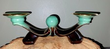 Fantastic MCM Double Candle Holder Jade Green Brown Drip Finish Lovely picture