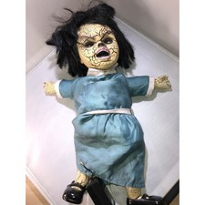 Creepy Haunted Doll Halloween Prop Blue Dress Cracked Face Horror Decor picture