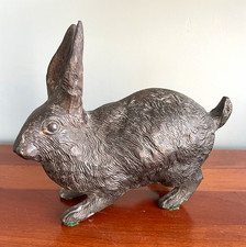 Vintage Bronze Rabbit Figurine Doorstop Metal Cast w/Green Felt Feet Pads —Japan picture