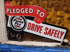 VINTAGE PUROL-PEP PORCELAIN SIGN OLD PURE OIL CAR AUTO TAG TOPPER DRIVE SAFELY picture