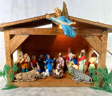 Vintage 1960s Italian Nativity Set Italy 15 pc Figures Wood Stable Creche MCM picture