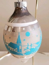 VTG Shiny Brite Teardrop Ornament w/blue Stenciled Church Village white stripes picture
