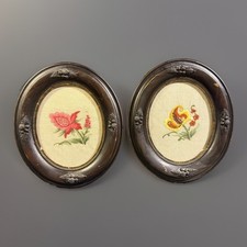 PAIR Antique Victorian Carved Wood & Gesso Frame w/ needlework crewel embroidery picture