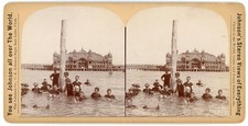 UTAH STEREOVIEW - Salt Lake - Saltair Pavilion & Swimmers - CE Johnson c1902 picture