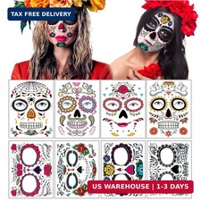 Day of the Dead Face Tattoos - 8 Large Sheets Sugar Skull Rose Temporary Tattoos picture