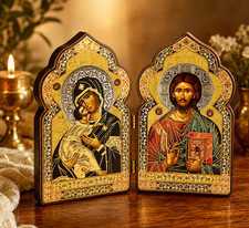 Christ The Teacher Virgin of Vladimir Byzantine Icon Diptych Dome Shape 4