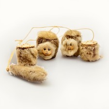 Vintage Alaska Native Inuit Fur Ornaments Mini Drums Parka Doll Heads Birch Bark picture