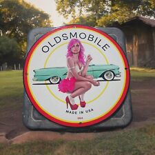 RARE OLDSMOBILE PINUP GIRL STYLE GAS OIL PORCELAIN AUTO SERVICE MOTOR PUMP SIGN picture