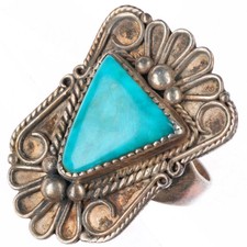 sz6.5 Vintage Navajo Blue Gem turquoise ornate face sterling silver ring picture