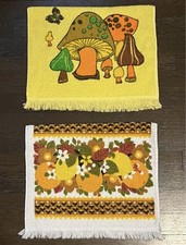 Vintage 70s Terry Cloth Towels Mushroom Fruit Floral Fringe Retro Mod Pair picture