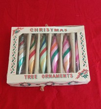 Vintage 60's Glass Candy Stripe Icicle/Tear Drop Poland 6 Christmas Ornaments picture