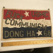 VINTAGE VIETNAM WAR EMBROIDERED BANNER DONG HA 1968 F**K COMMUNISM picture