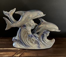 Vintage 1980s Iridescent Ceramic Dolphin Trio Figurine Ocean Wave Statue Large picture