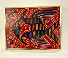 Vintage Framed Panama Kuna Mola Textile Folk Art Fish Gold Frame 17.5 x 13.5 picture