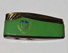 Vintage Made Japanese Gold  Tone Pocket Lighter Green Leather Wrap MCM picture