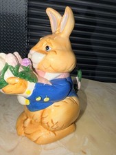 Vintage Ceramic Bunny Rabbit Teapot Blue Jacket Flowers Figural Tea Pot picture