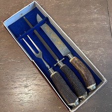 Vintage Puma Solingen Rostfrei 3 Pc. Carving Set Etched Blade 1950s Stag Handles picture