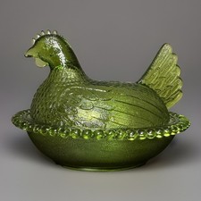Vintage Indiana Glass Olive Green Hen on Nest Dish Beaded Rim picture