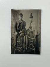 Antique Tintype Couple Man Bowler Hat Woman Cape Fancy Hat 1/6 Plate picture