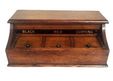 Antique ENGLISH 19th C Mahogany & Reverse Painted Glass 3 Bottle Desk INKWELL picture