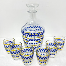 Made in France Decanter Carafe & Shot Glasses SET Blue dots yellow stipes 8 pcs picture