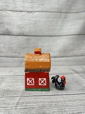 VTG PHB Style Red Barn Farming Porcelain Hinged Trinket Box W/ Rooster Trinket picture