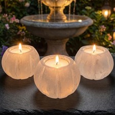 Selenite Satin Spar Crystal Fluted Sphere Tealight Candle Carving picture