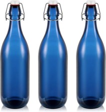 3 Pcs Blue Flip Top Glass Bottle 1 l / 33.75 oz Blue Glass Water Bottles with... picture