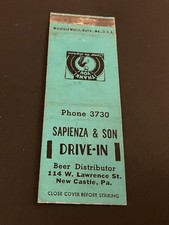 Vintage Pennsylvania Matchbook “Sapienza & Son Drive In Beer” New Castle picture