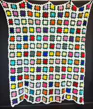 Vintage 1970s colorful patchwork afghan wool throw blanket floral granny square picture