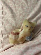 Fenton Burmese Satin Glass Cat Figurine Hand Painted Signed M Young Uranium Glow picture
