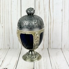 Vintage P.N.C.W Made USA Cast Metal Cobalt Blue Glass Egg Shape Chalice Dish picture
