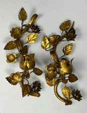 Vtg Pair Italian Gold Gilt Metal Tole Flower Wall Sconces Hollywood Regency picture