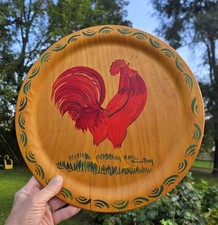 Vintage Signed Hand Painted Wooden Tray Wall Hanging Growing ROOSTER Folk Art 👀 picture