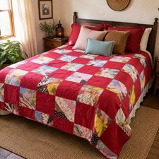 Vintage Cotton Crazy Quilt 80x80 Red Patchwork Spiderweb Tied Queen Coverlet picture