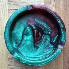 VTG Mid Century MCM Round Ashtray 3.75 Inch Red Green Swirl Acrylic Trinkets picture