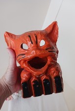 Antique Vintage 1930s Halloween Paper Mache Pulp Lantern Orange Cat On Fence picture