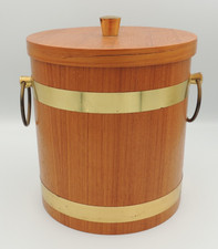Vintage MCM Lipper Mann Wood Ice Bucket Brass Bands Tongs picture