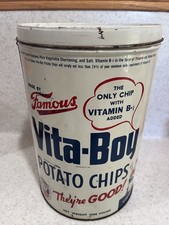 Vtg Vita-Boy 1# Potato Chip Tin 1941 Athletic White Blue Red 40s Graphics picture